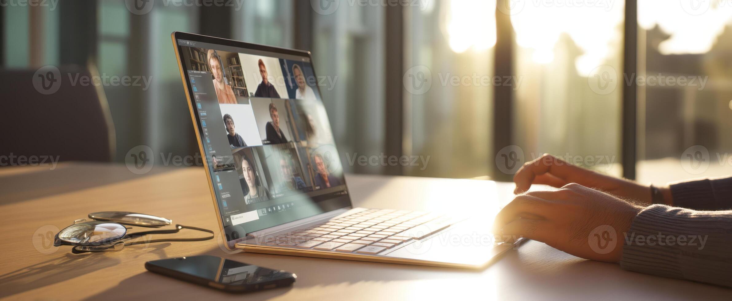 The laptop showing a virtual meeting with participants engaged in discussion. photo