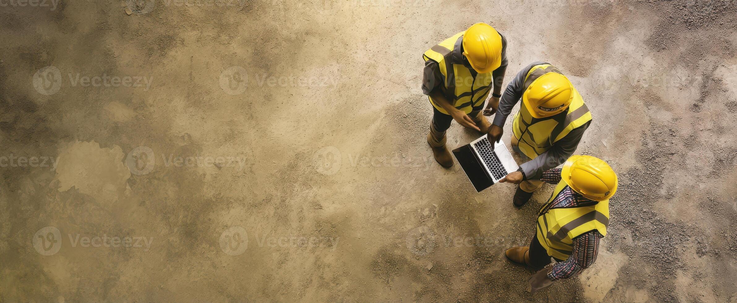 The construction workers collaborating on a project with a laptop in hand. photo
