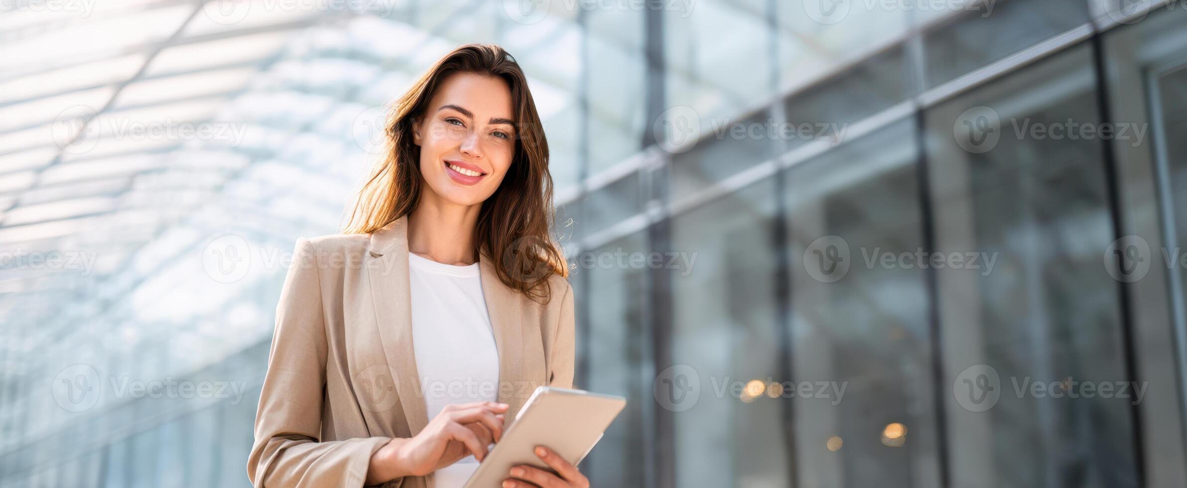 The confident businesswoman smiling while using a tablet in a modern office setting. photo