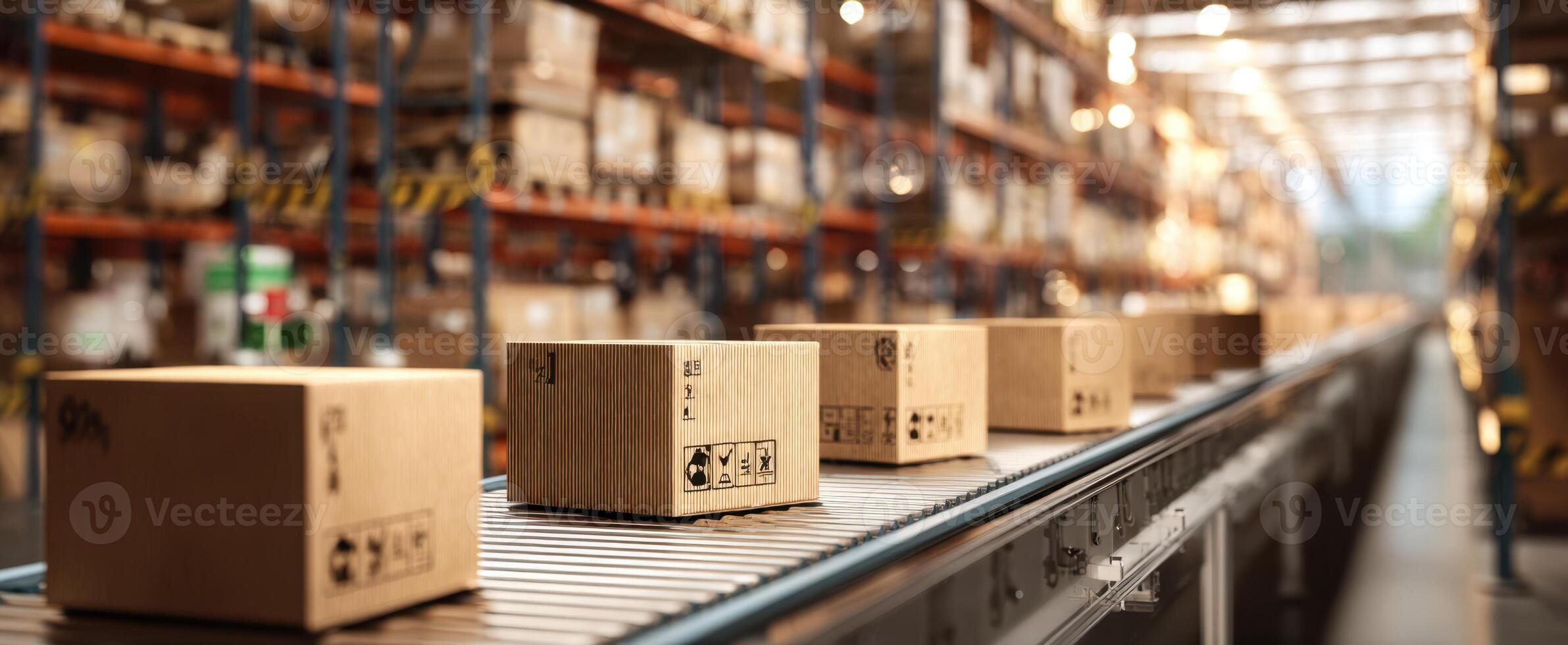 The busy warehouse showcasing packages moving along an automated conveyor system. photo