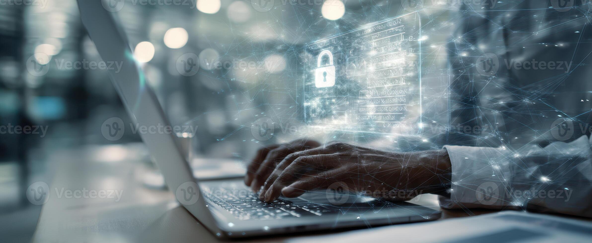 The secure digital workspace with hands typing on a laptop and encryption visuals. photo