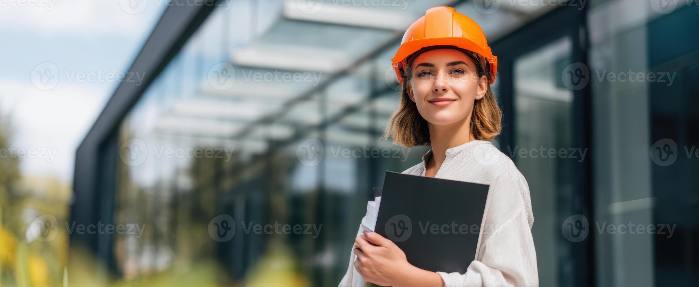 The confident engineer with an orange helmet in a modern construction environment. photo