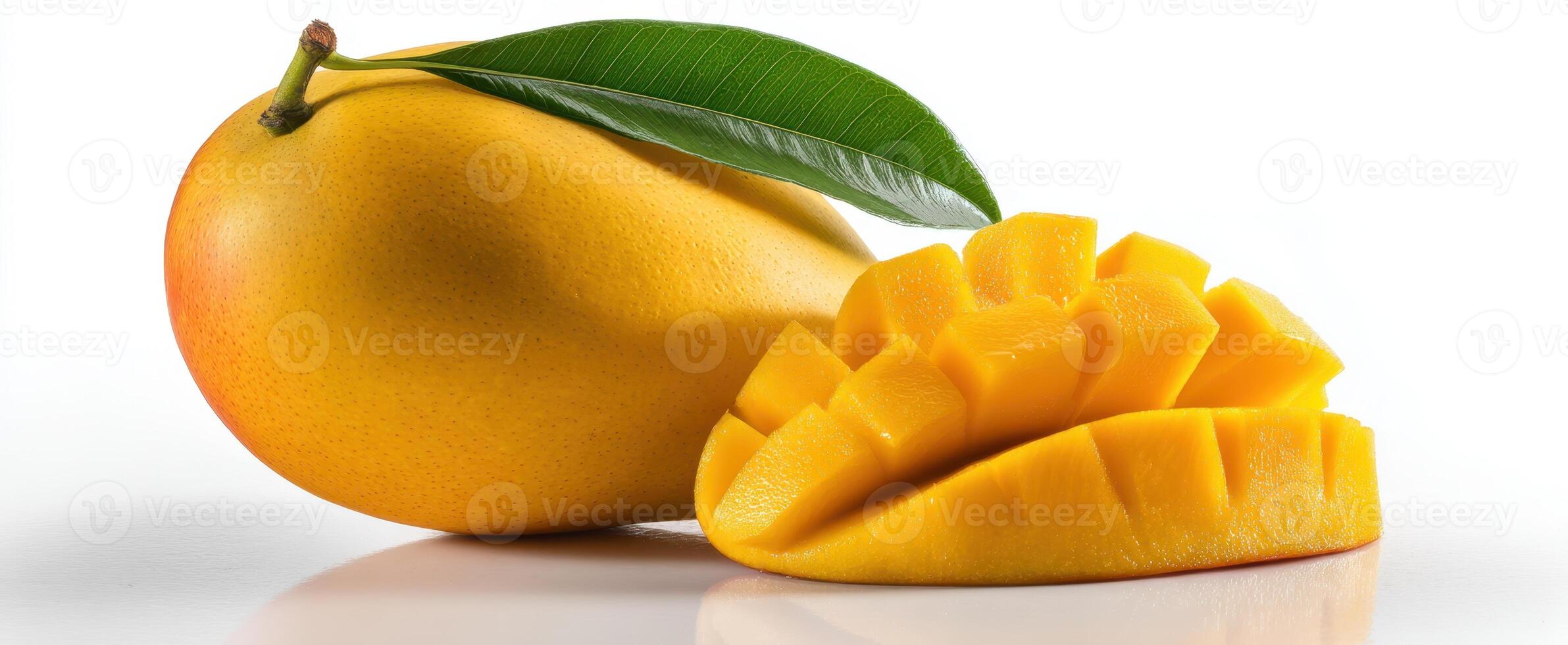 The Mango with Leaf and Sliced Segments on White Background photo