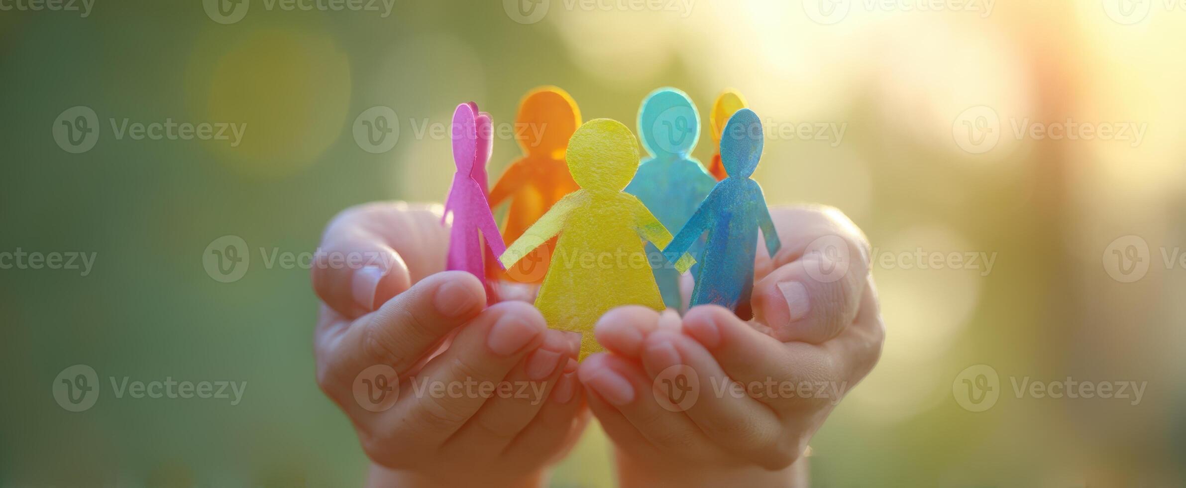The hands holding colorful paper figures representing community and togetherness. photo