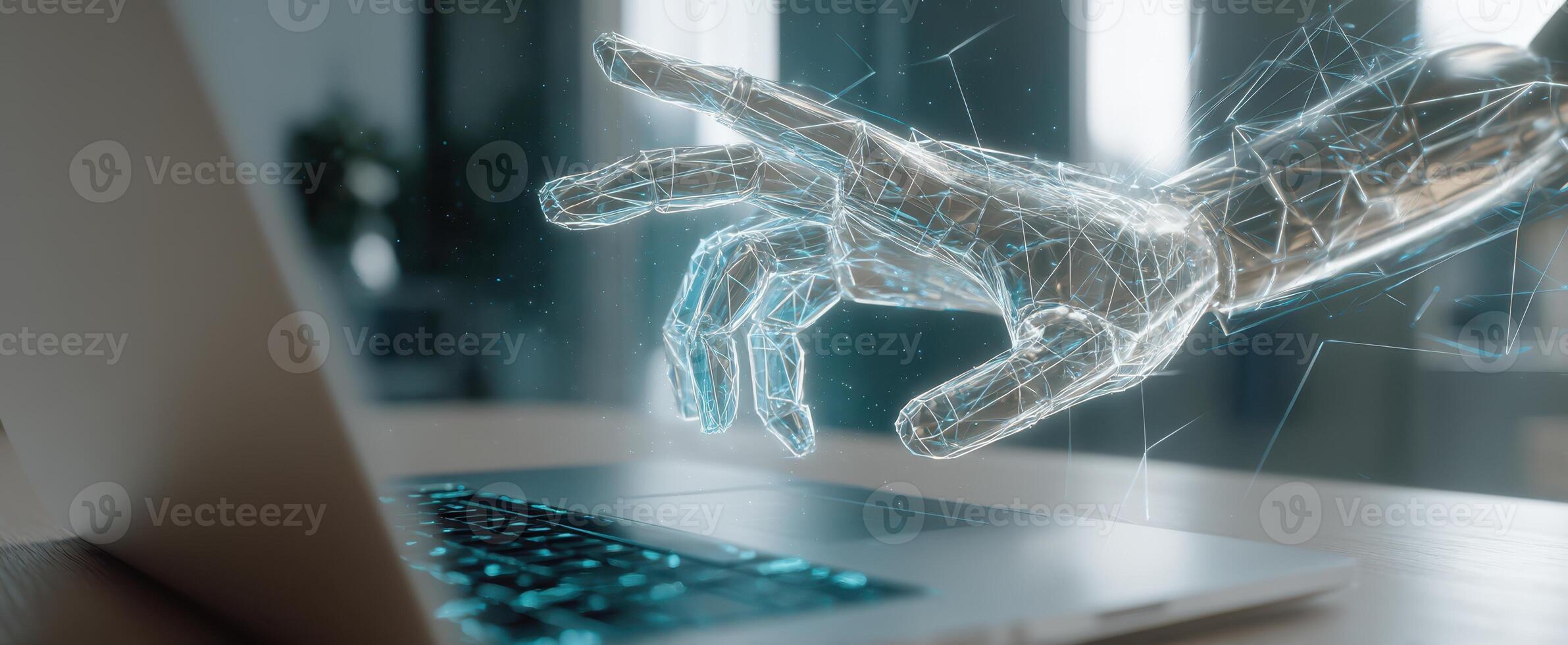 The futuristic robotic hand reaching towards a laptop in a digital workspace. photo