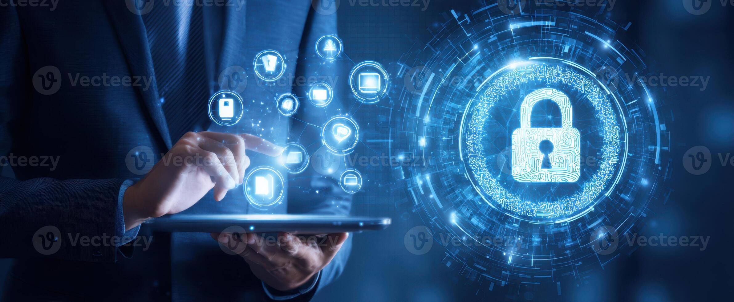 The professional interacting with digital security features on a tablet device. photo