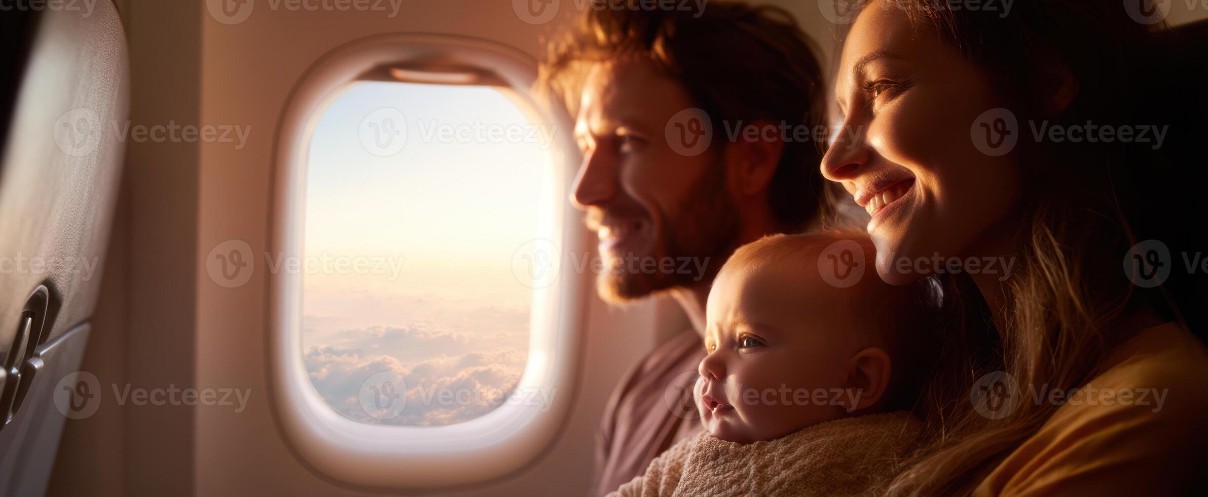 The joyful family enjoying a scenic sunset view from an airplane window photo