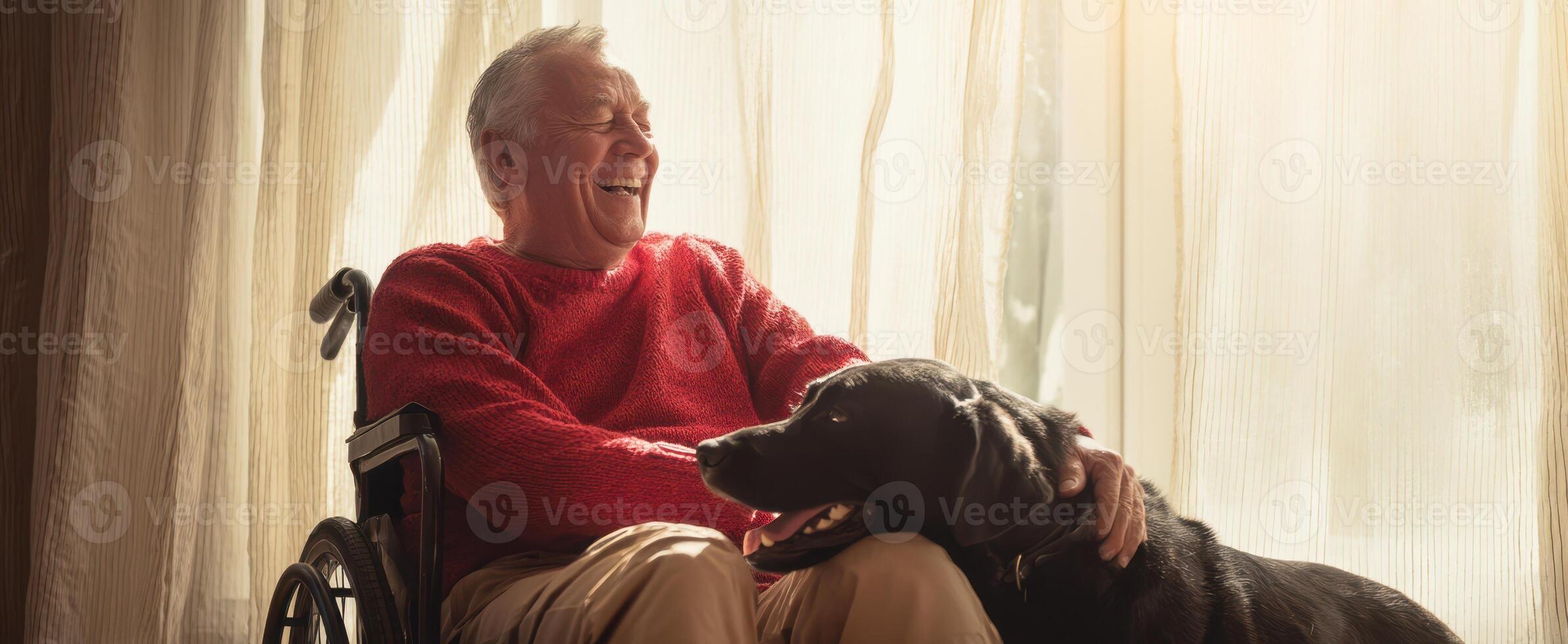 The elderly man enjoying a joyful moment with his beloved dog in sunlight. photo
