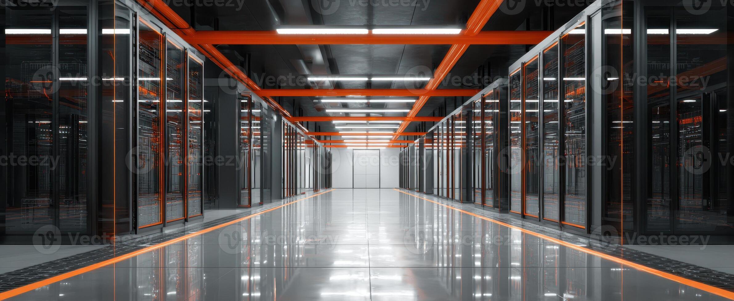 The modern data center featuring sleek servers and advanced infrastructure. photo