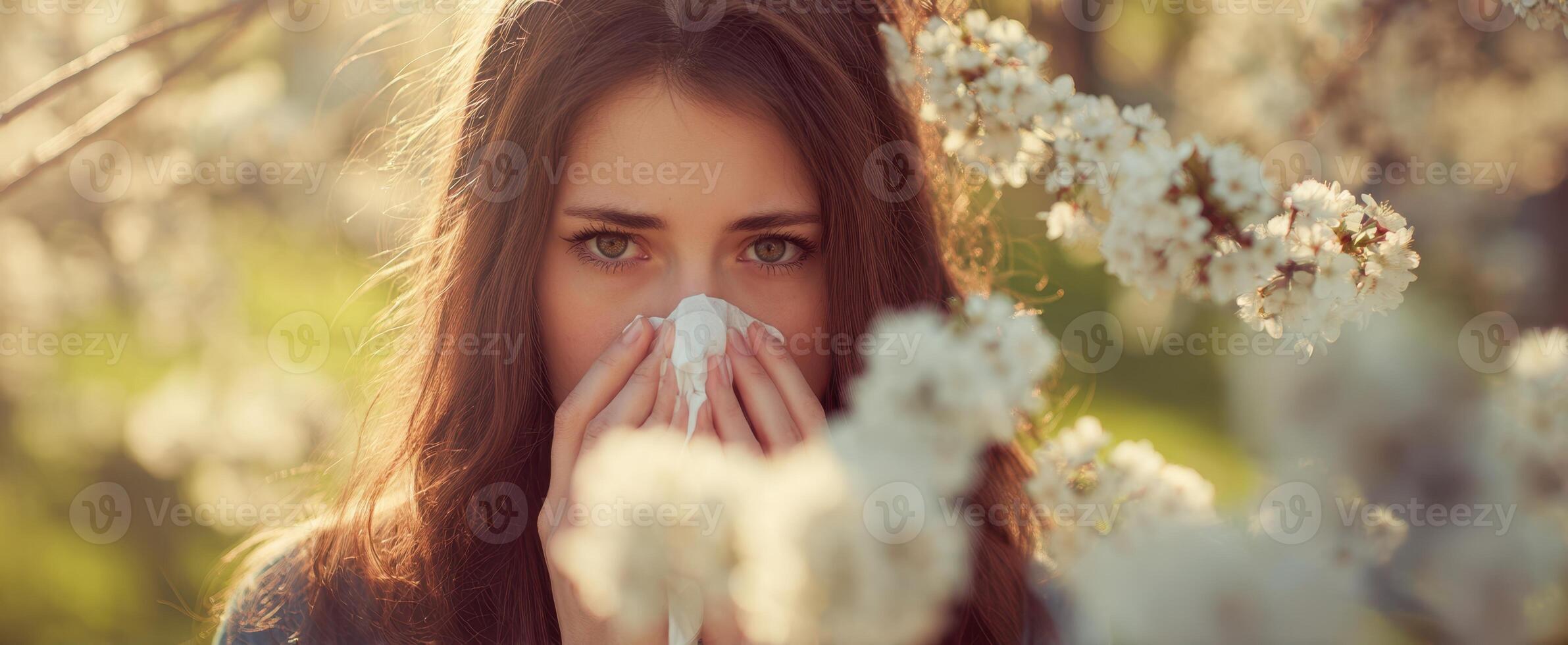 The young woman experiencing allergies amidst blooming flowers in springtime. photo