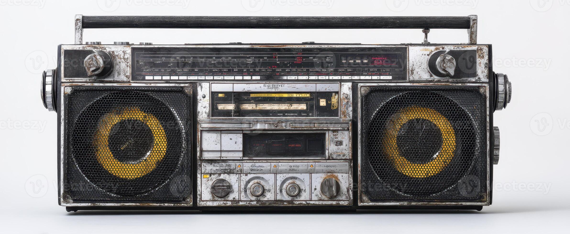 The vintage boombox with yellow speakers and a retro aesthetic. photo