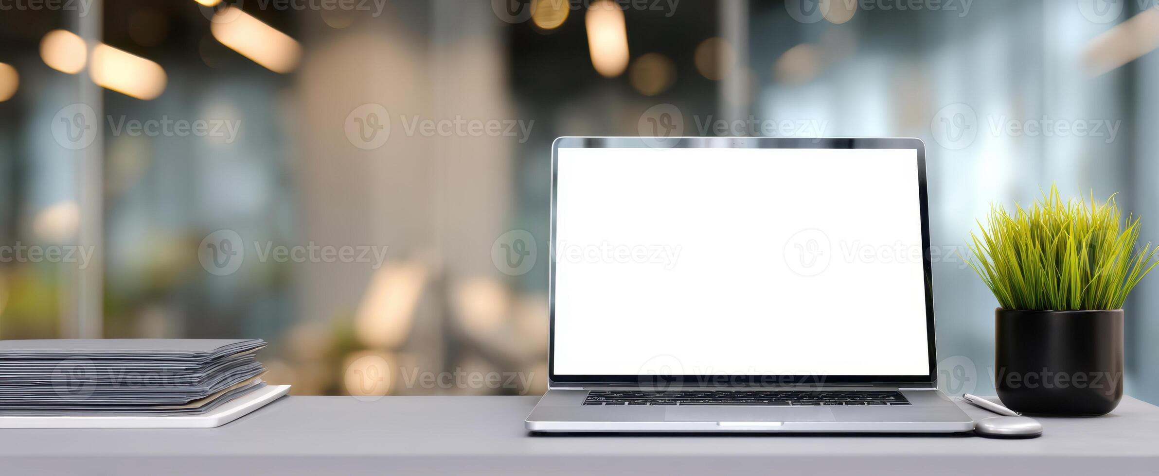 The modern laptop setup with a minimalist design for productivity. photo