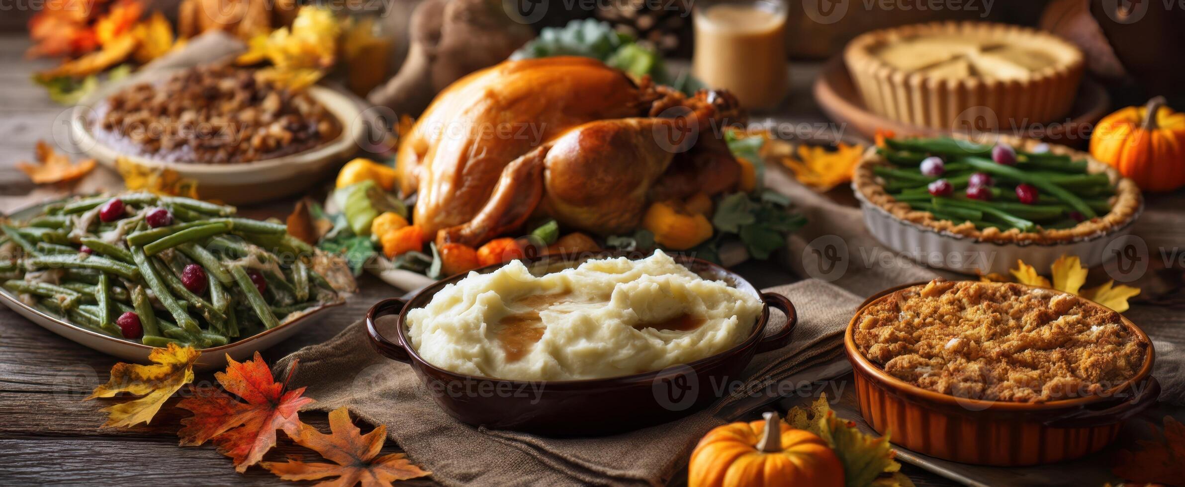 The Thanksgiving feast featuring a golden turkey and an array of side dishes. photo