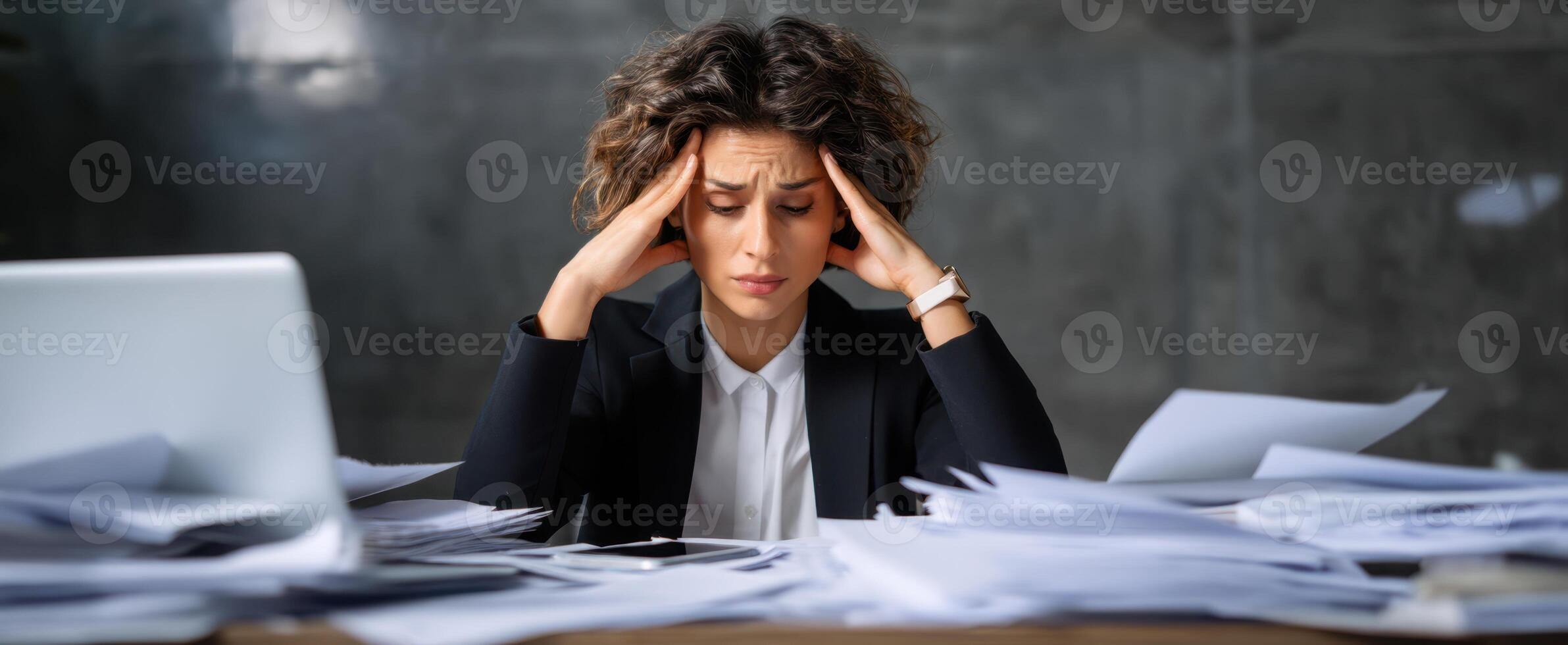 The frustrated woman surrounded by paperwork and stress in a modern office environment. photo
