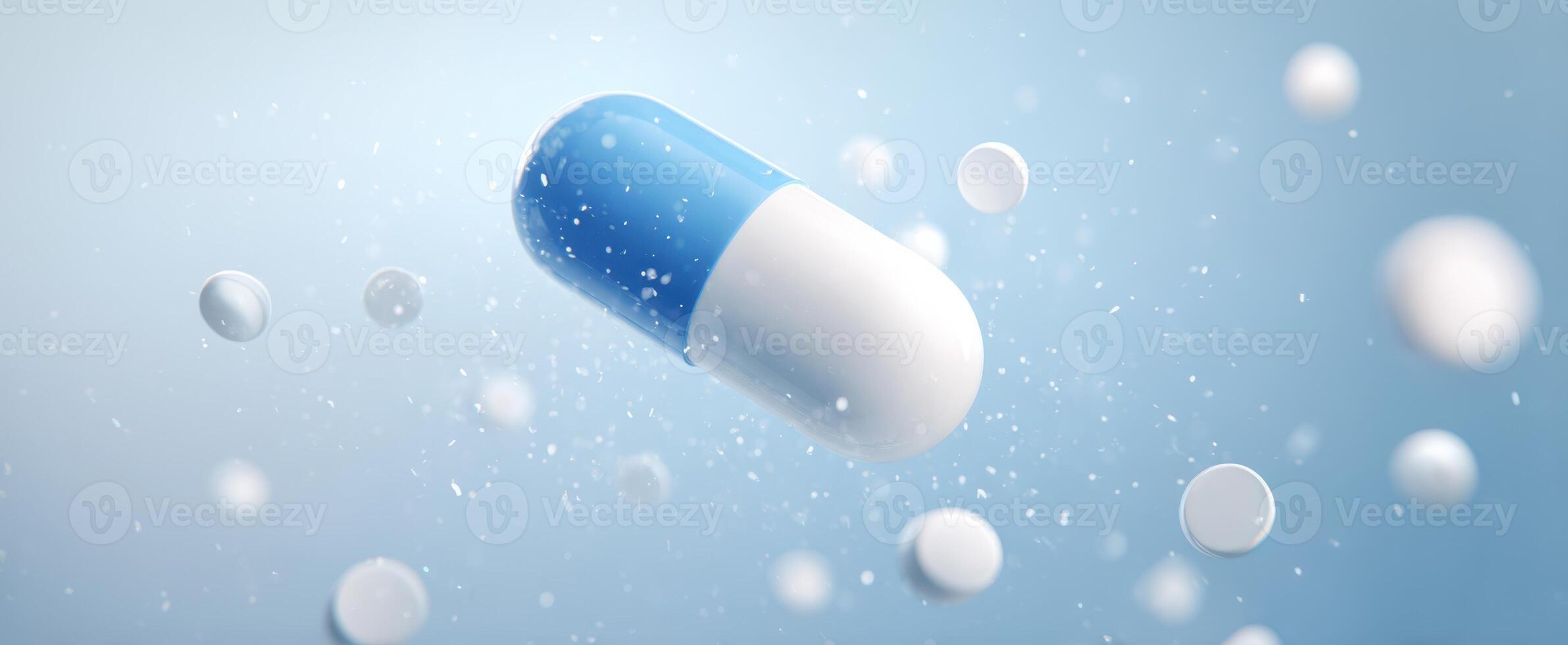 The blue and white capsule floating among smaller white pills in a serene background. photo