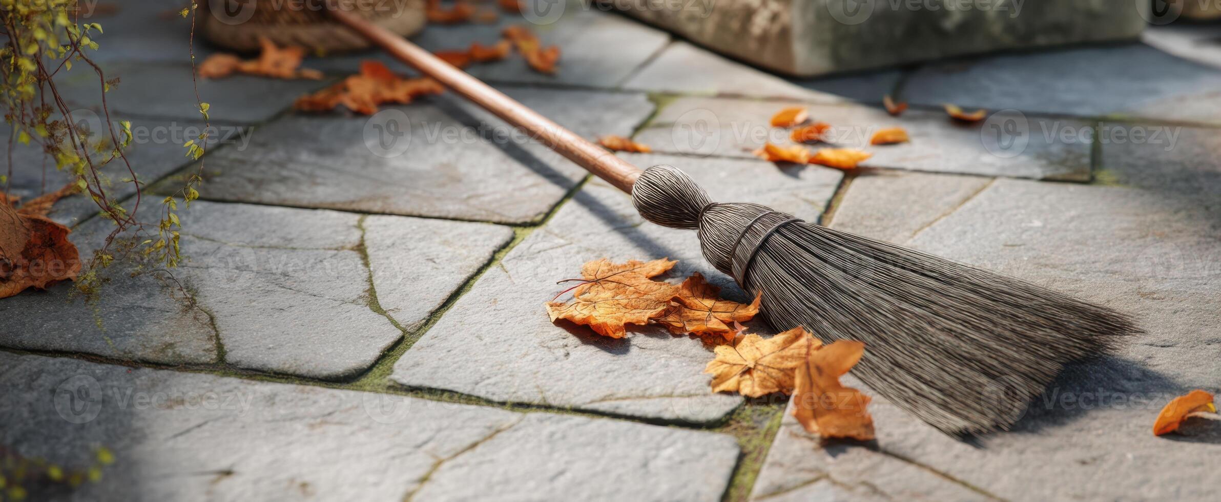 The broom resting on a weathered stone pavement surrounded by fallen leaves. photo
