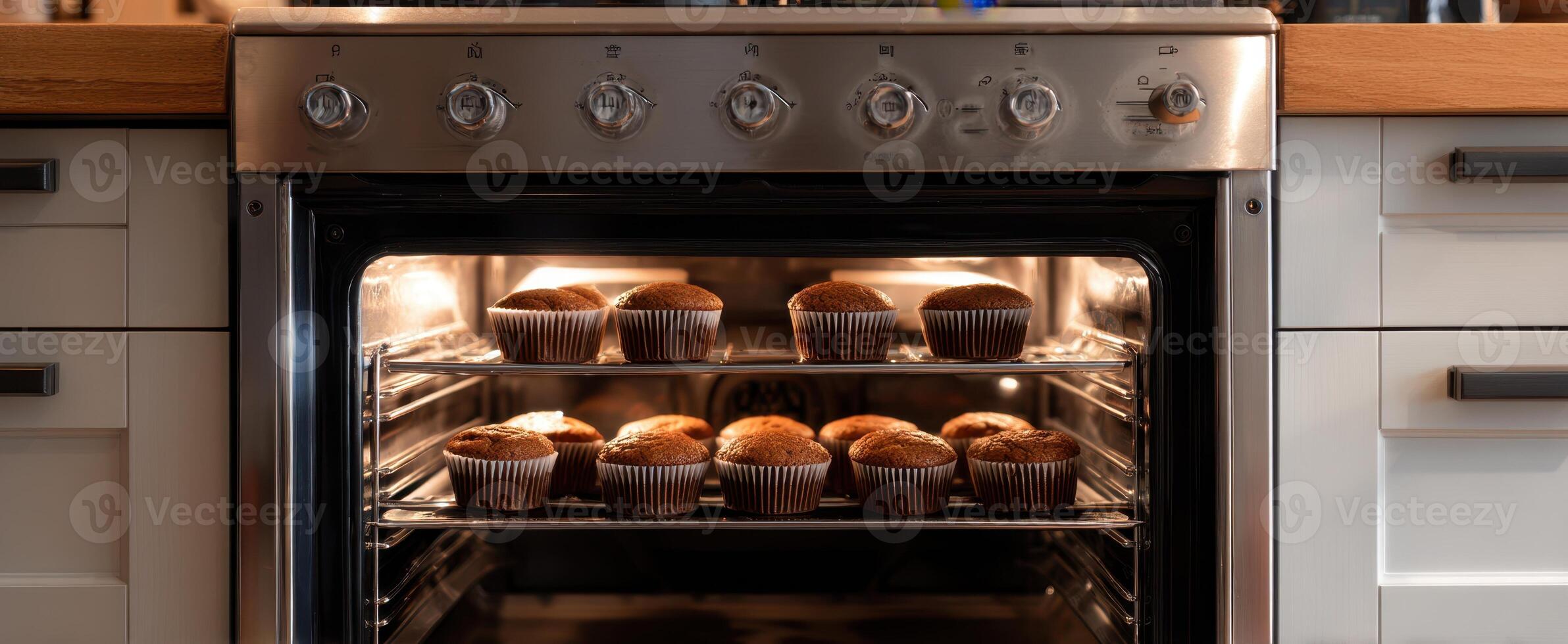The oven baking delicious cupcakes in a modern kitchen environment. photo