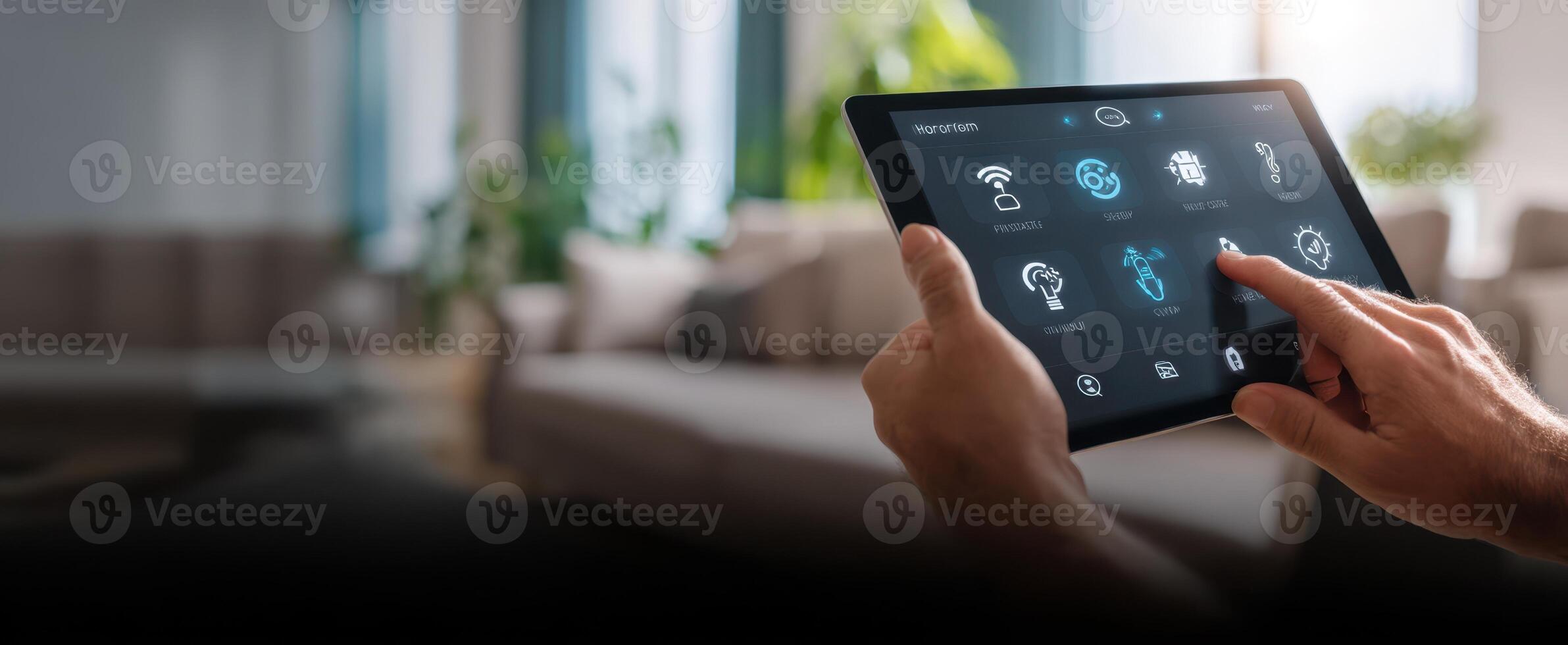 The tablet displays advanced smart home controls in a modern living room setting. photo