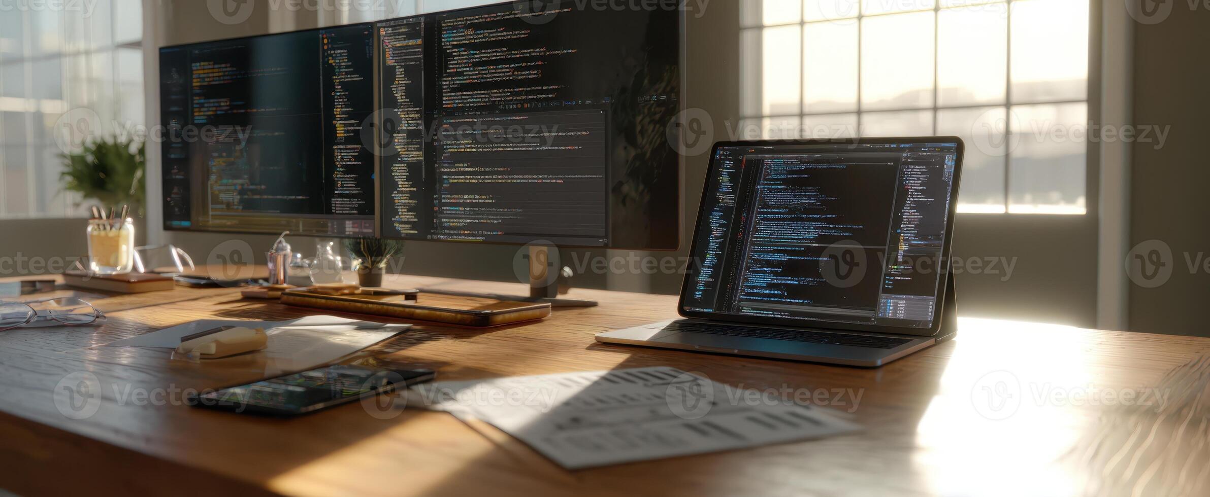 The modern workspace with dual monitors and laptop for coding and productivity. photo