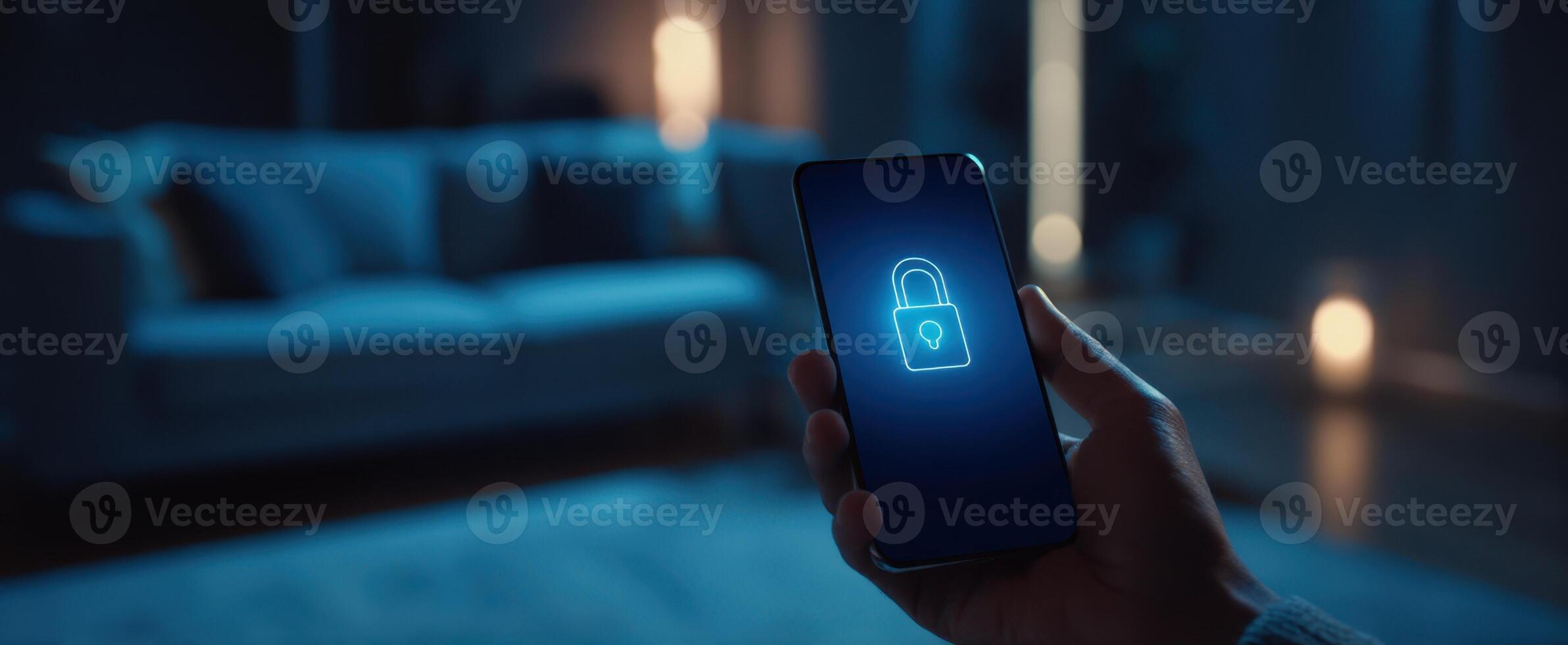 The smartphone displaying a secure lock on its illuminated screen in a cozy room. photo