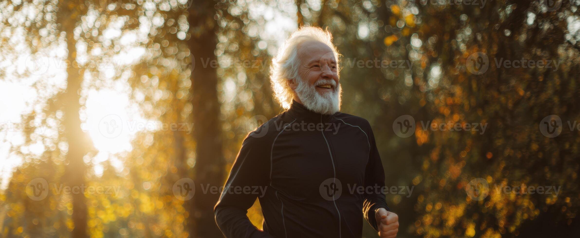 The elderly man enjoying a joyful run in a sunlit outdoor setting photo