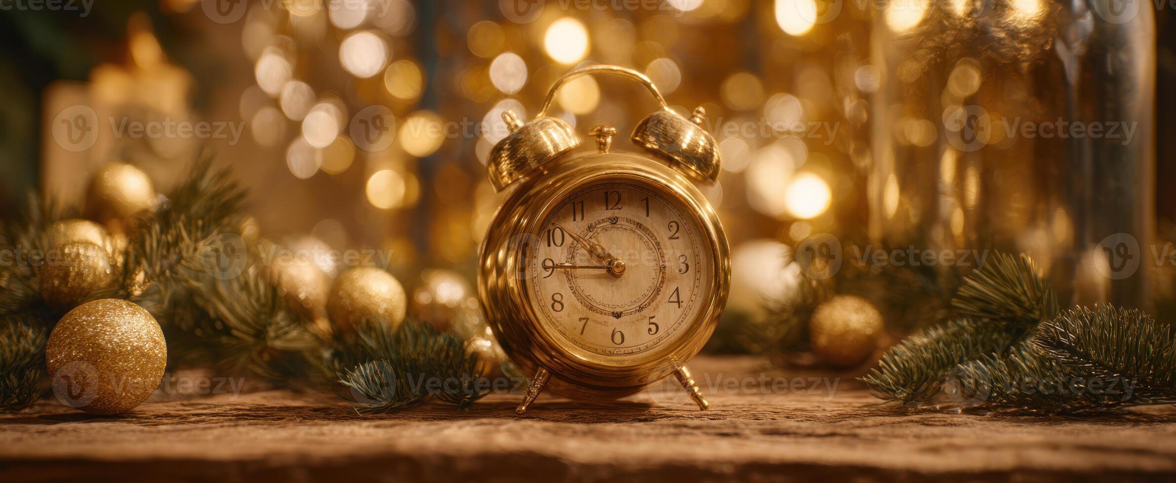 The golden alarm clock surrounded by festive decorations and warm lights. photo