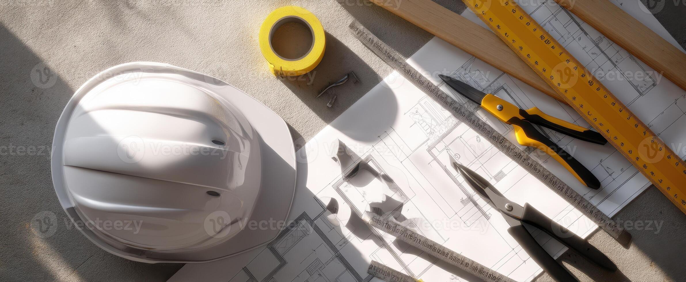 The construction tools and hardhat arranged on a detailed blueprint plan. photo