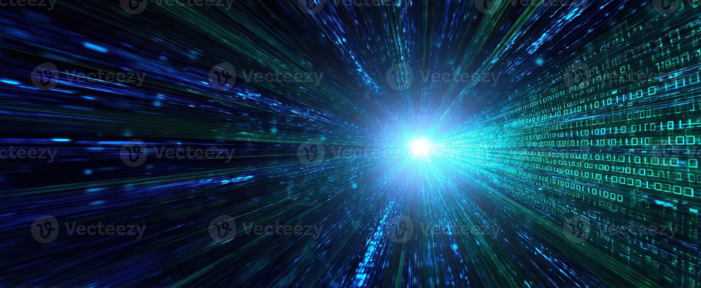 The digital explosion of binary code and light in a futuristic space. photo