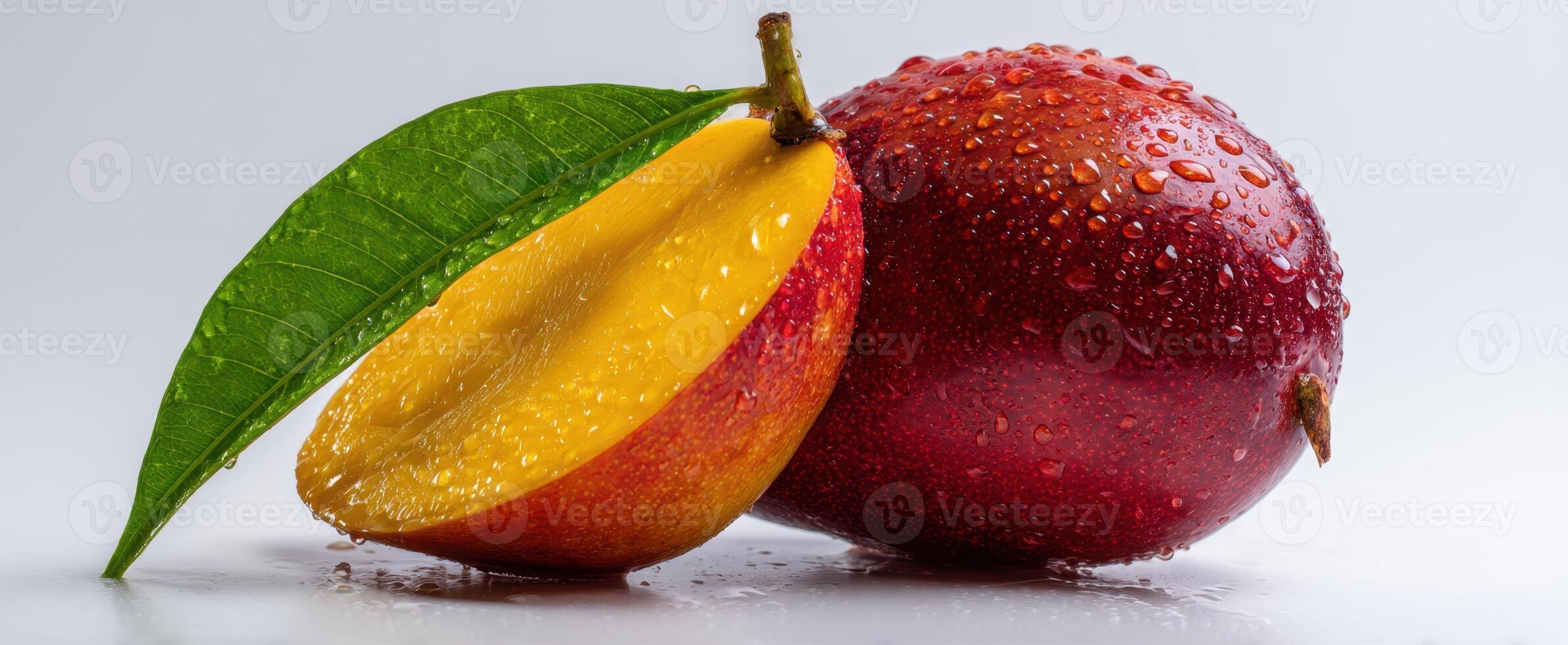 The vibrant mango with water droplets and a fresh green leaf photo