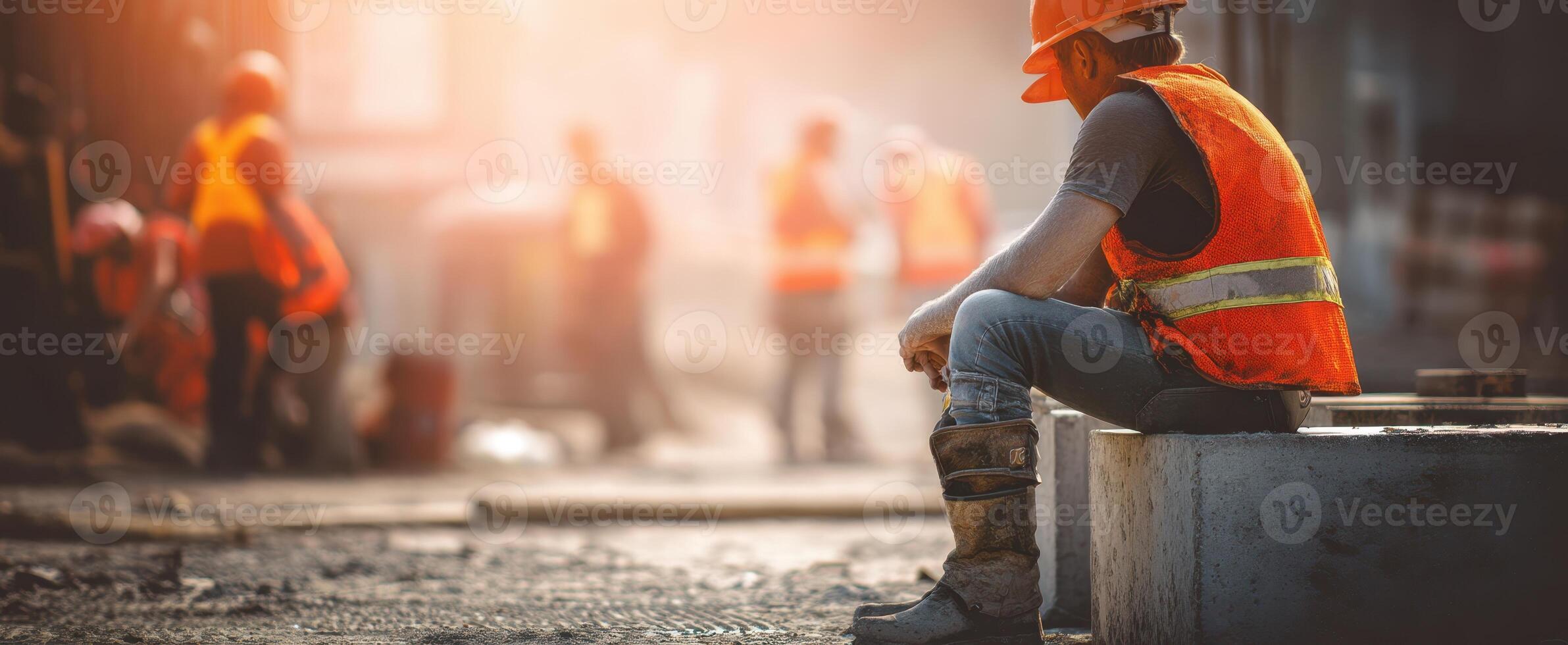 The construction worker sitting on a curb during a busy workday. photo