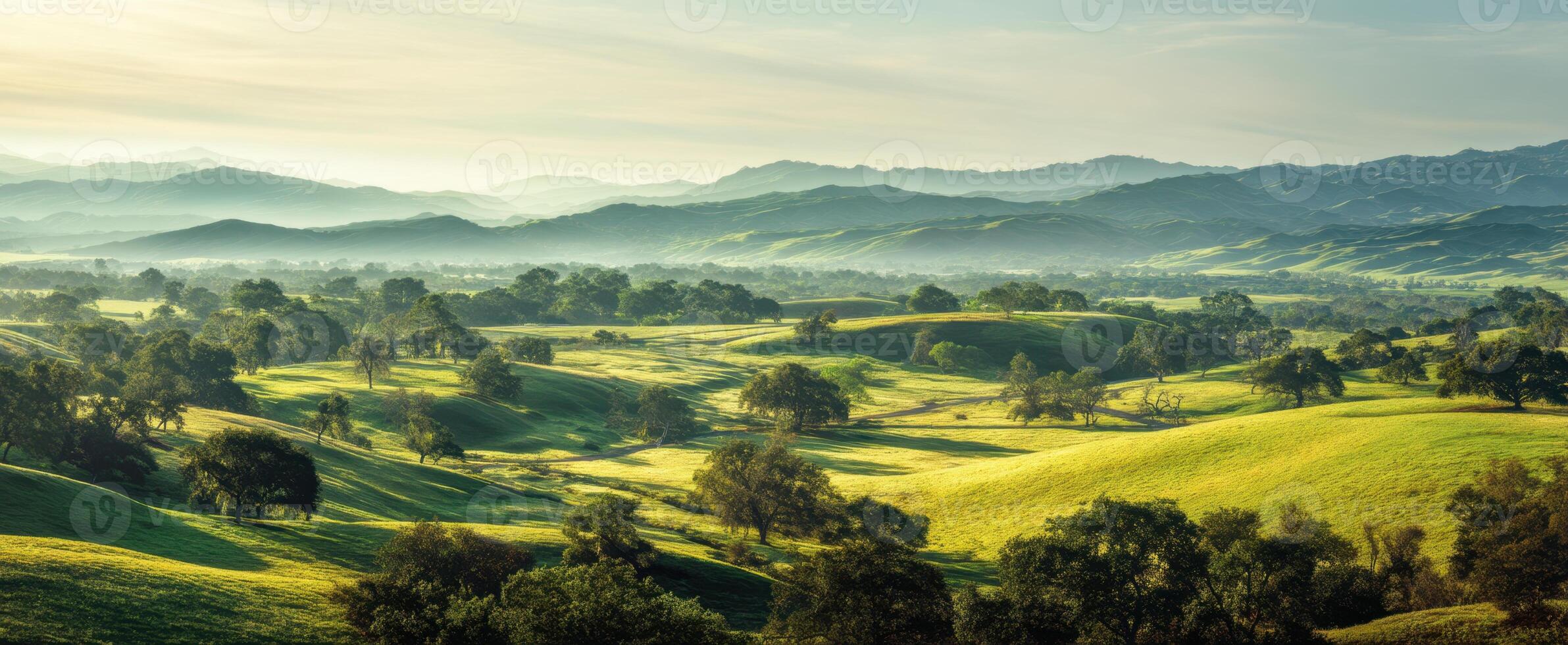 The breathtaking landscape featuring rolling hills and vibrant green valleys. photo