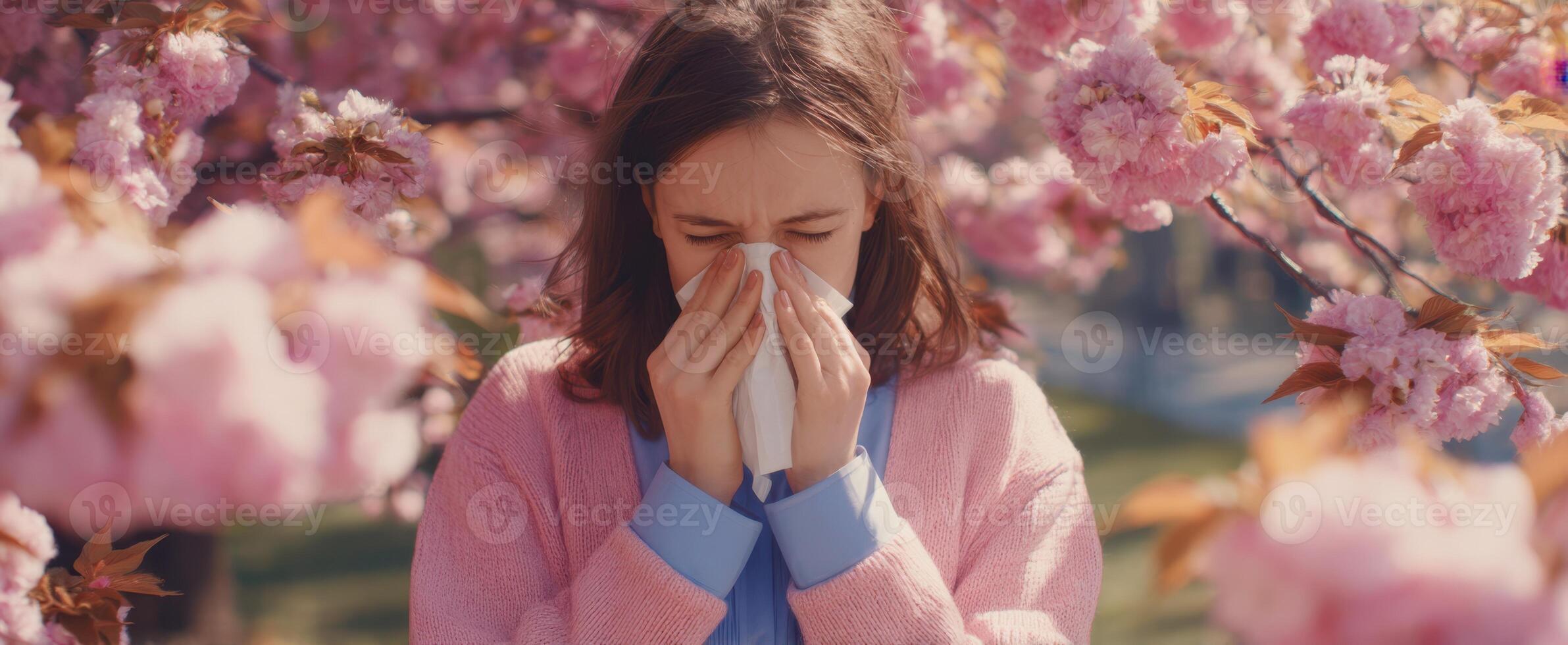 The woman experiencing allergies amidst blooming cherry blossoms in springtime. photo