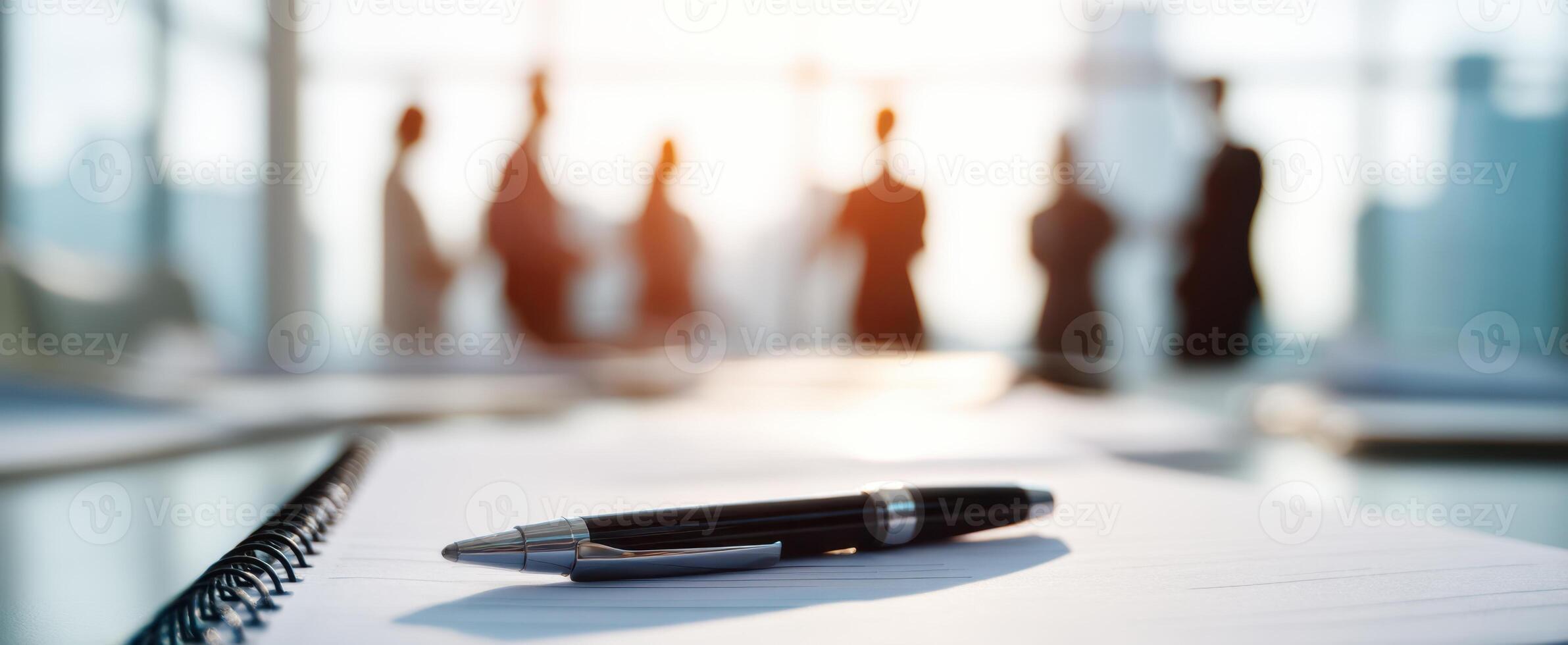 The pen resting on a notebook in a professional meeting environment. photo