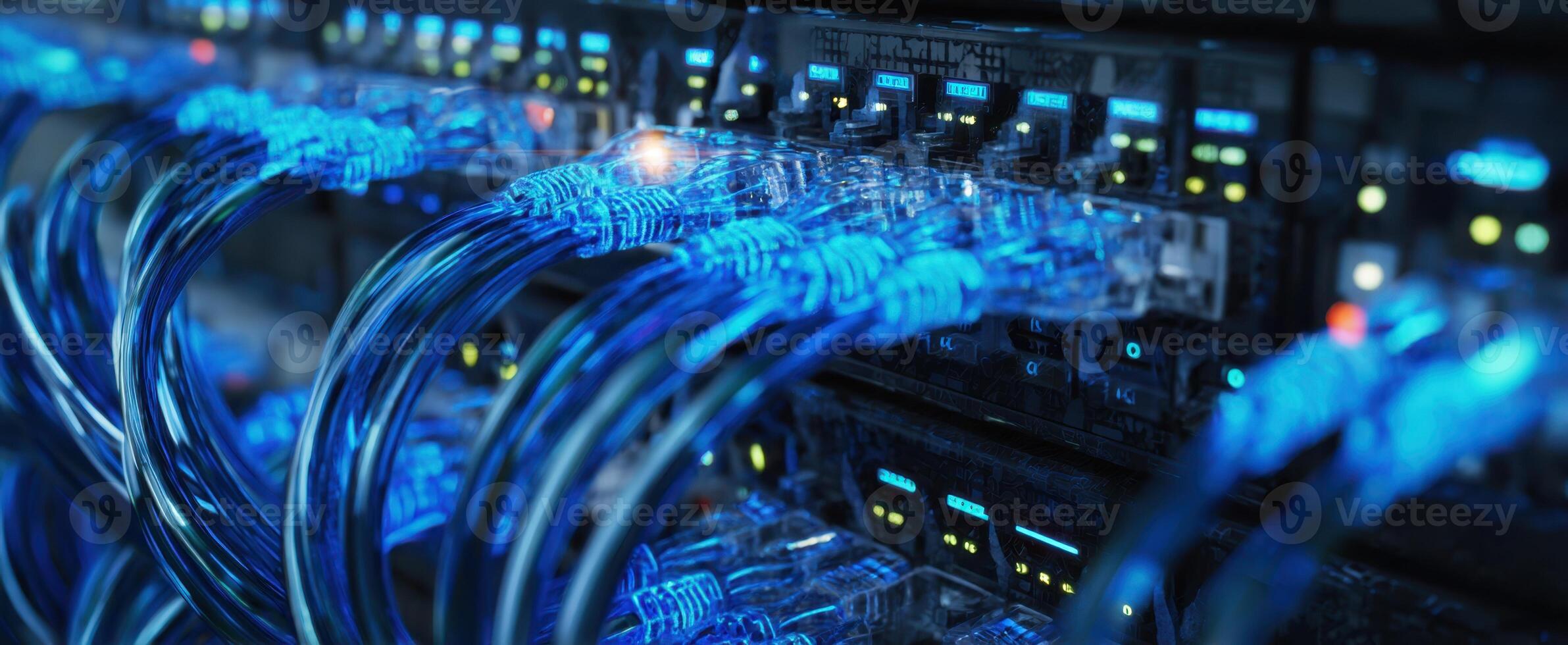 The vibrant blue ethernet cables connected to a high-tech server. photo