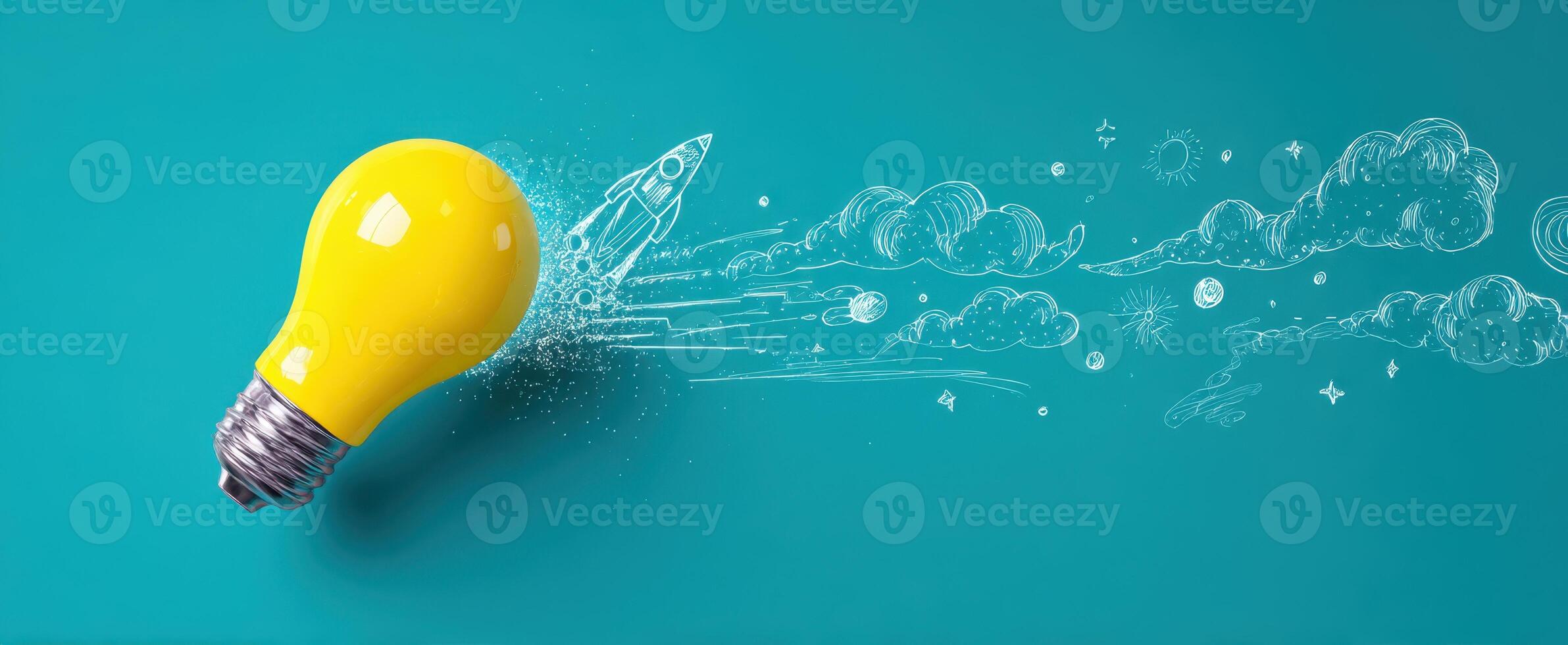 The lightbulb representing innovation and creativity with a rocket launching into space. photo