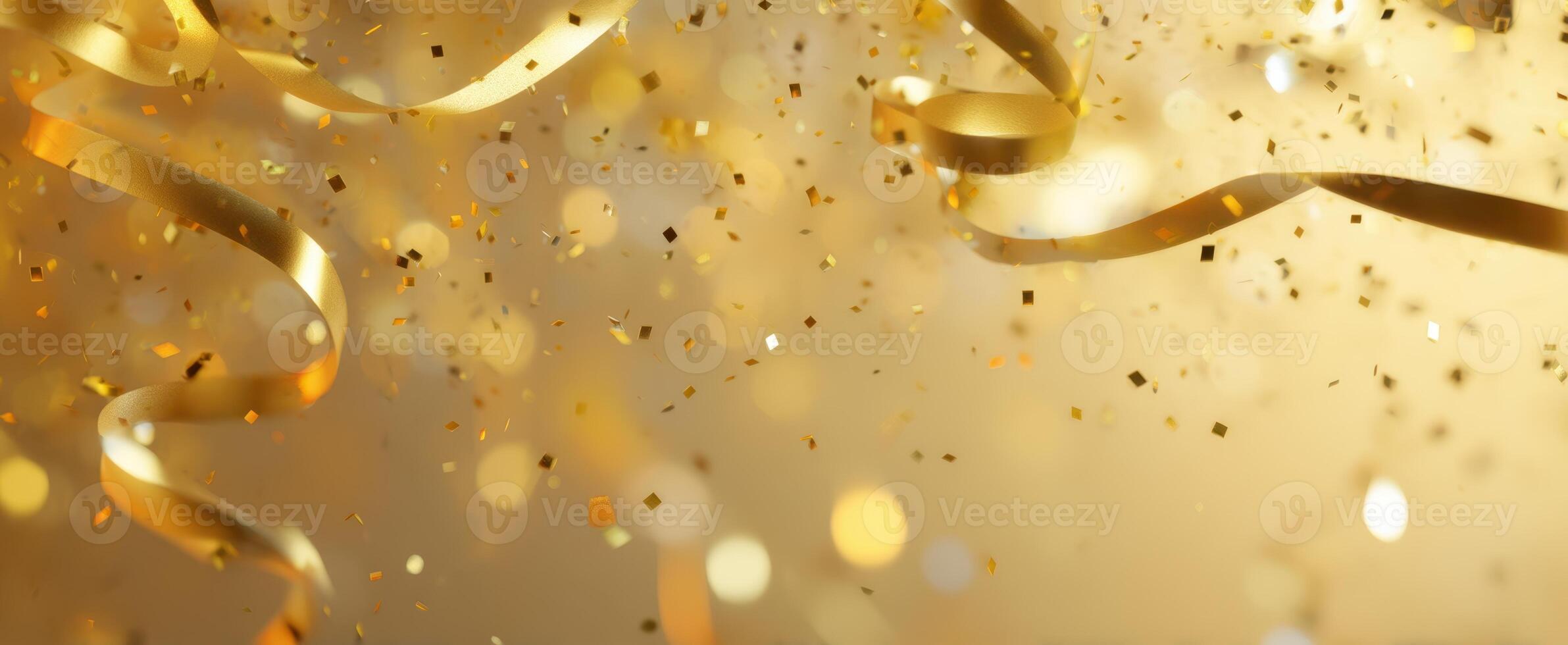 The shimmering gold ribbons and confetti creating a festive celebration atmosphere. photo