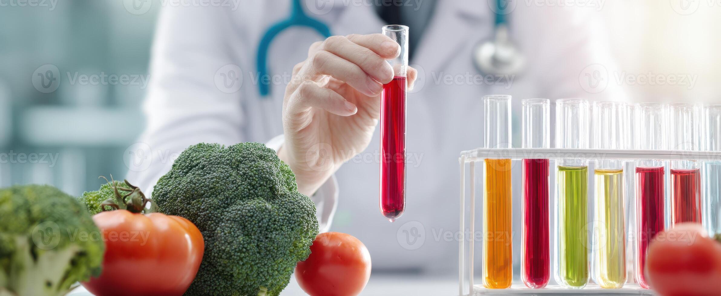 The scientist analyzing vegetables during a health and nutrition experiment in the laboratory. photo