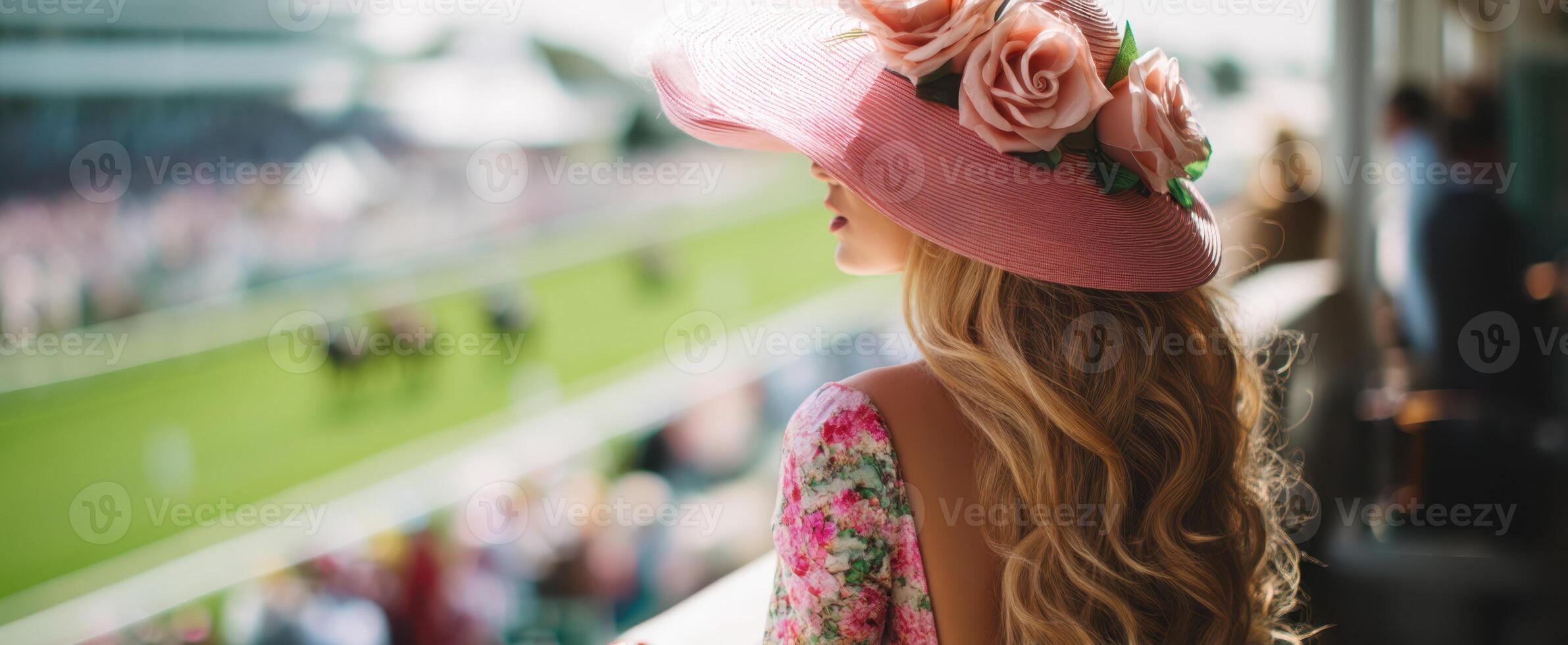 The Elegant Woman in a Floral Hat Enjoying Horse Racing Event photo