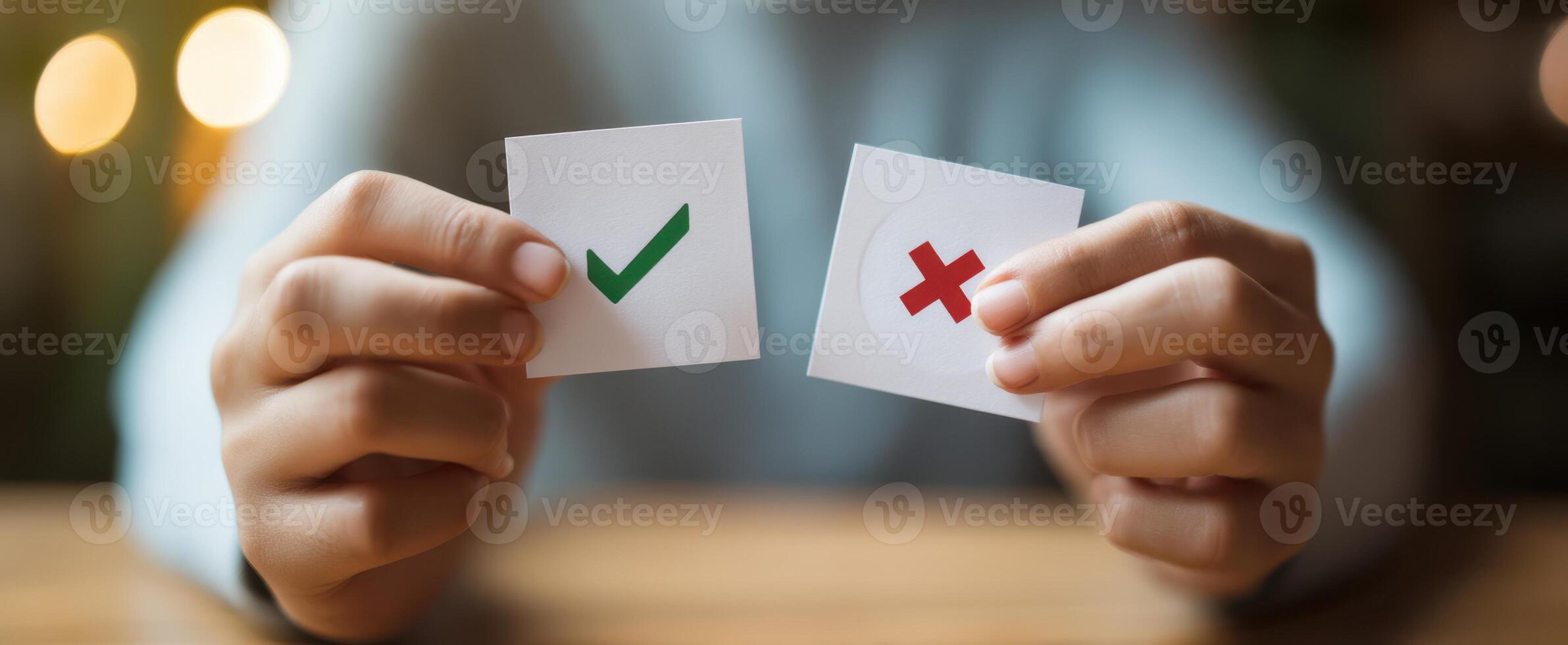 The hands holding checkmark and cross symbols for decision-making process photo