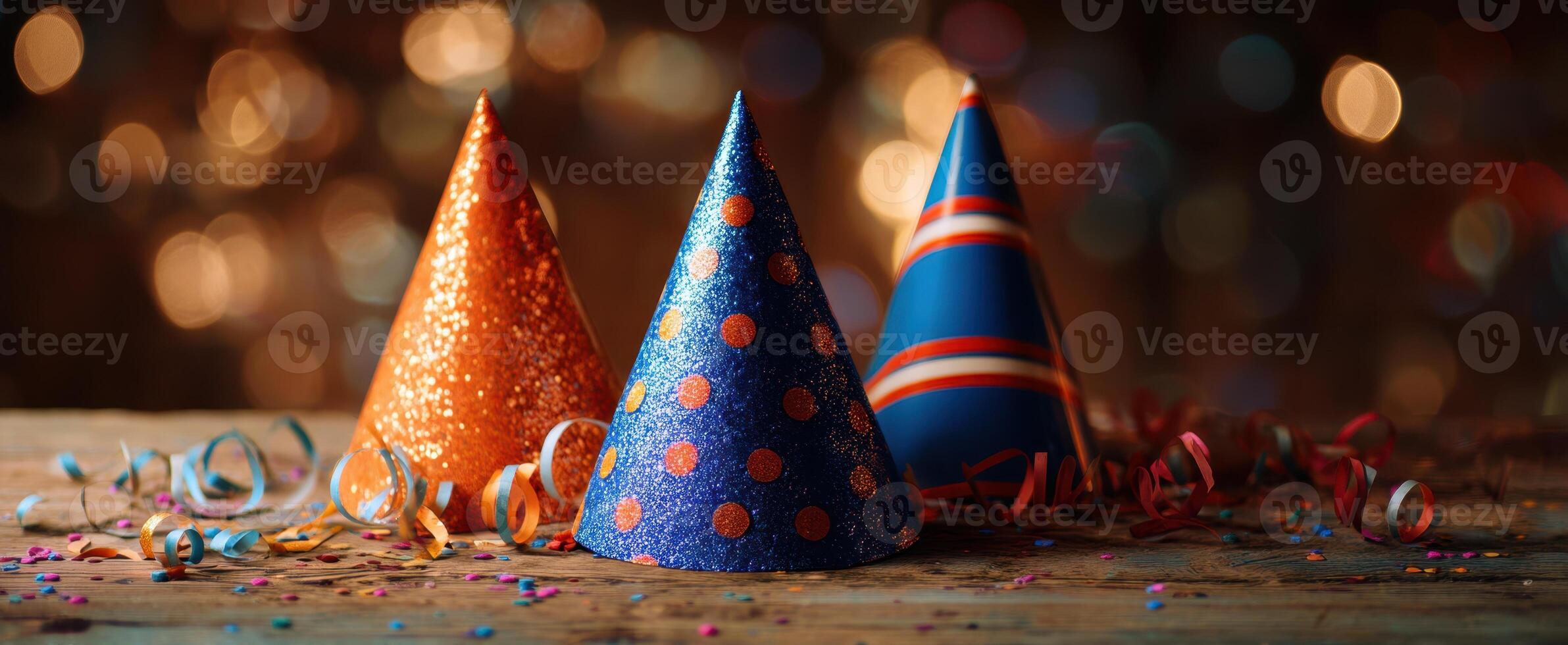 The vibrant party hats on a beautifully decorated table with bokeh lights. photo