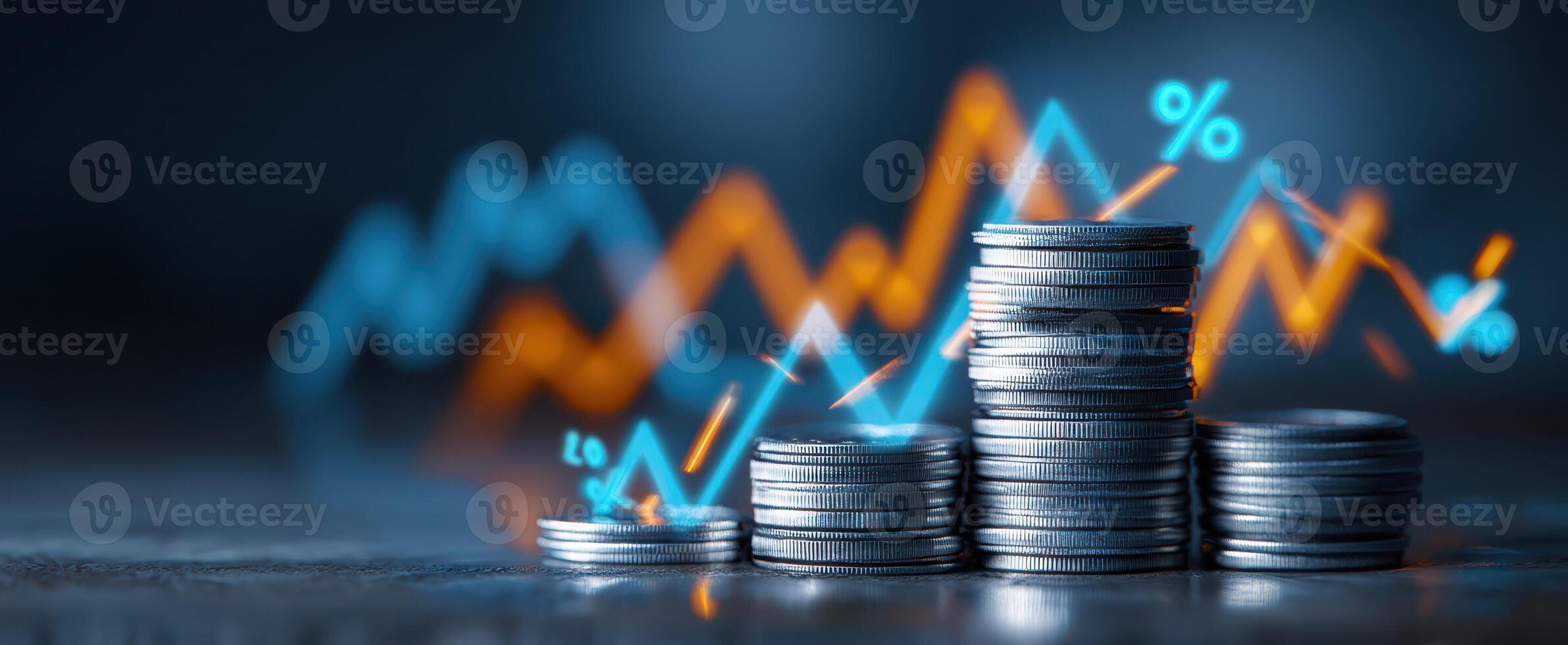 The stacks of coins representing financial growth with dynamic market trends displayed. photo