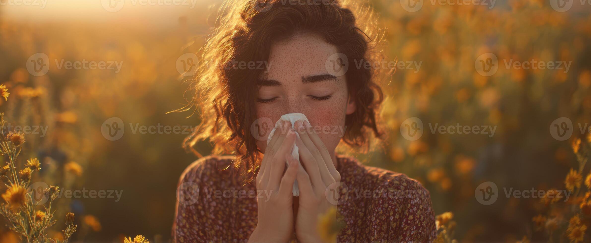 The woman experiences allergies in a beautiful flower-filled field at sunset. photo