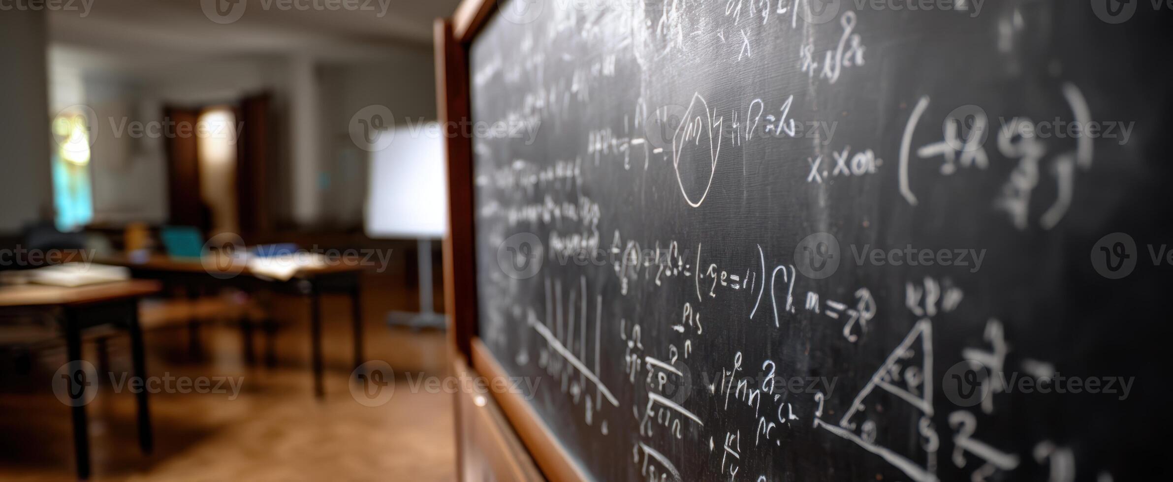 The chalkboard filled with complex mathematical equations in an empty classroom. photo