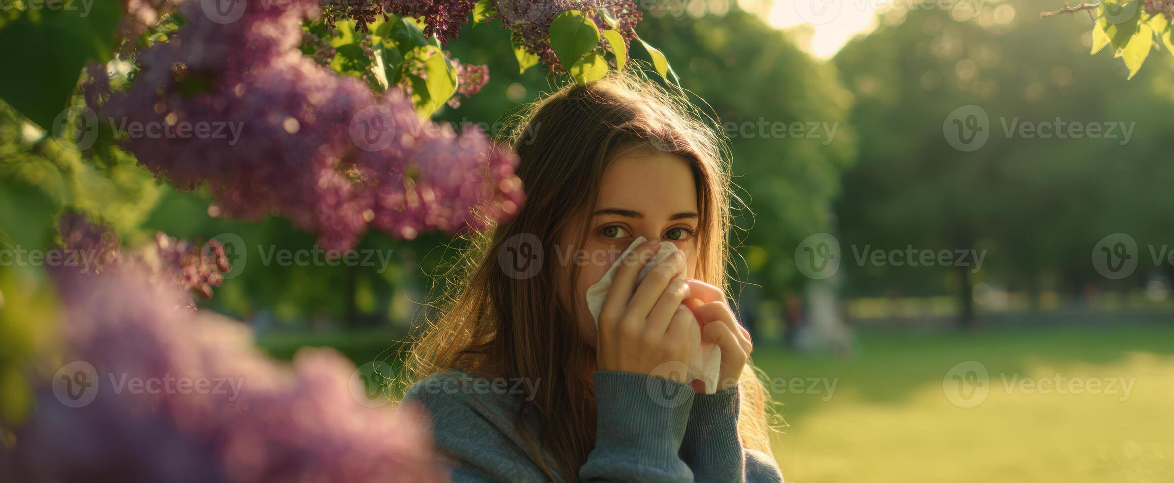 The Woman Enjoying Nature Among Beautiful Lilac Flowers in Spring. photo