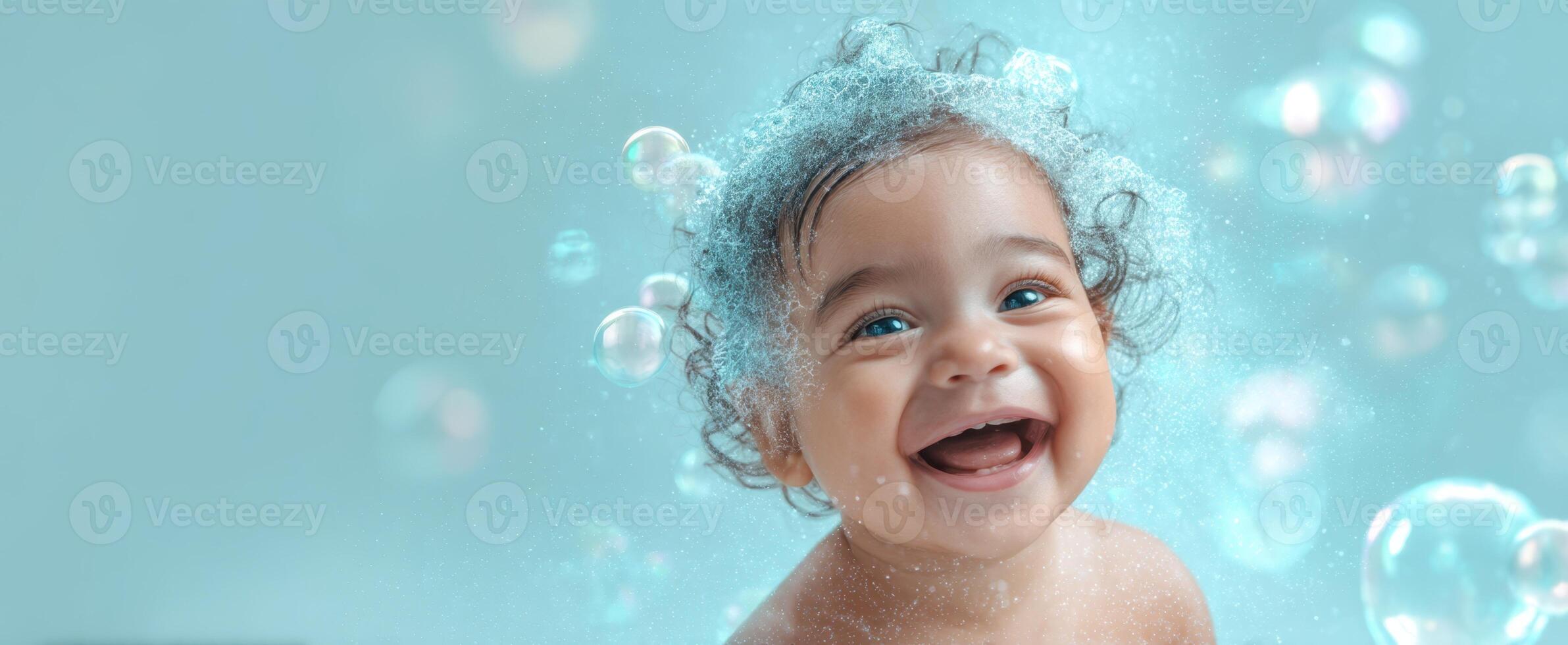 The joyful baby surrounded by sparkling bubbles in a serene setting. photo