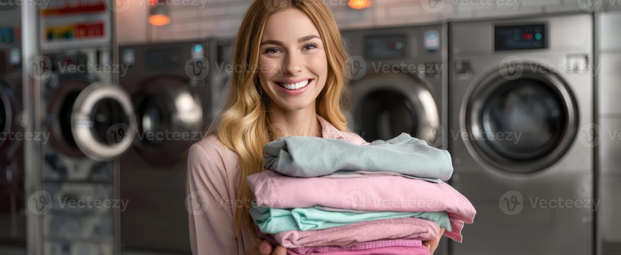 The smiling woman showcasing a stacked laundry in a modern laundromat. photo