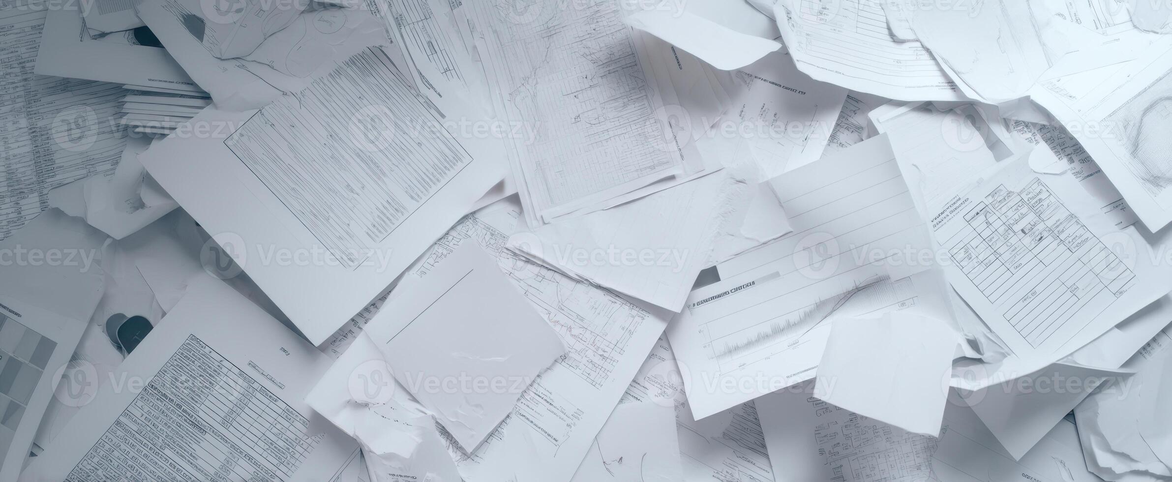 The chaotic arrangement of paperwork scattered across an office space. photo