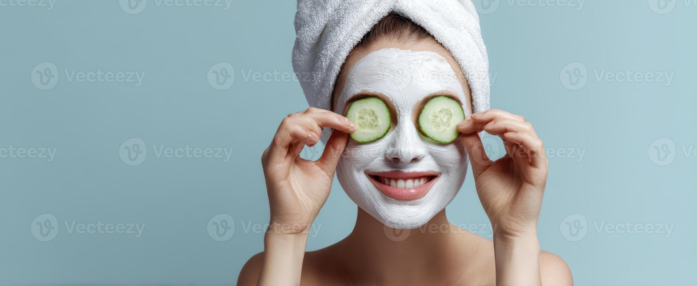 The joyful woman enjoying a spa day with a cucumber facial mask. photo
