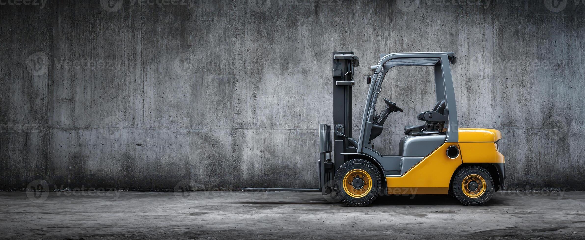 The detailed forklift parked against a textured concrete wall. photo