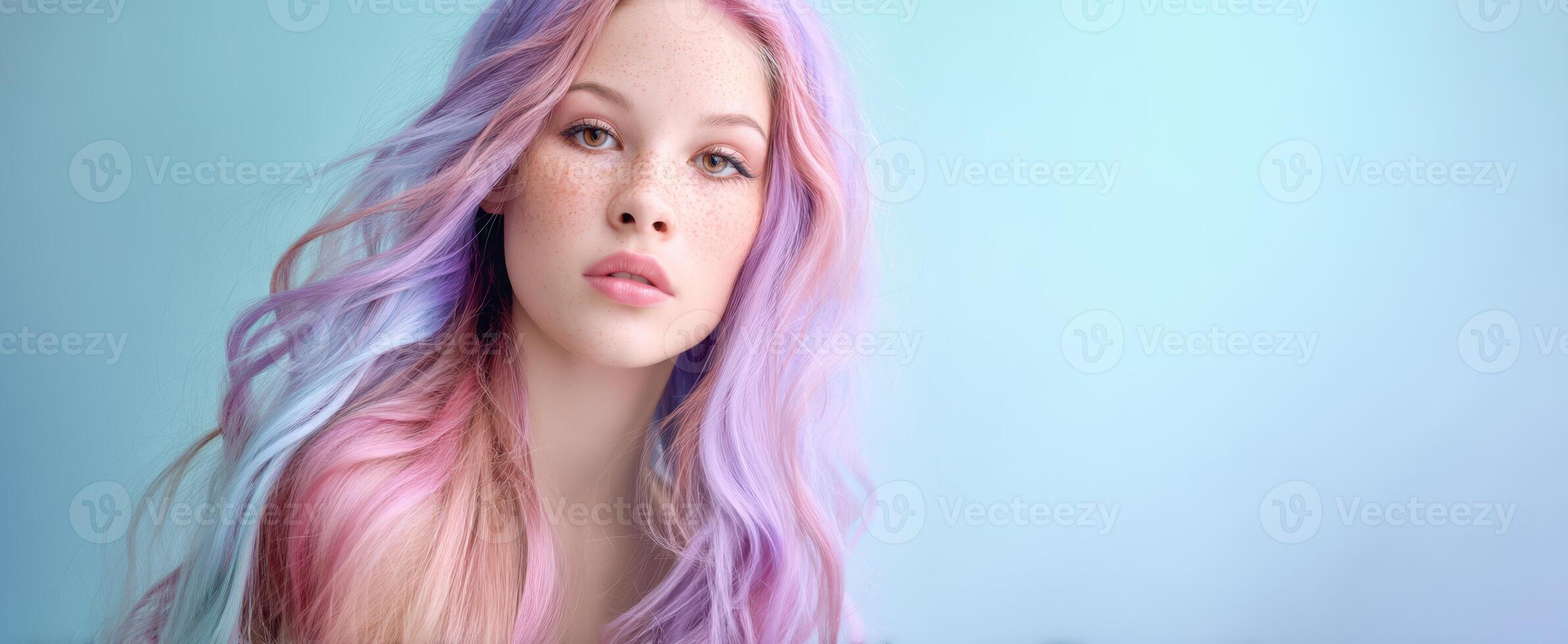 The stunning girl with pastel hair and captivating freckles in a soft background. photo